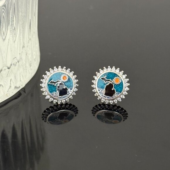 Michigan Bling Earrings S925 Sterling Silver Handmade Ear Stud - Picture 3 of 6